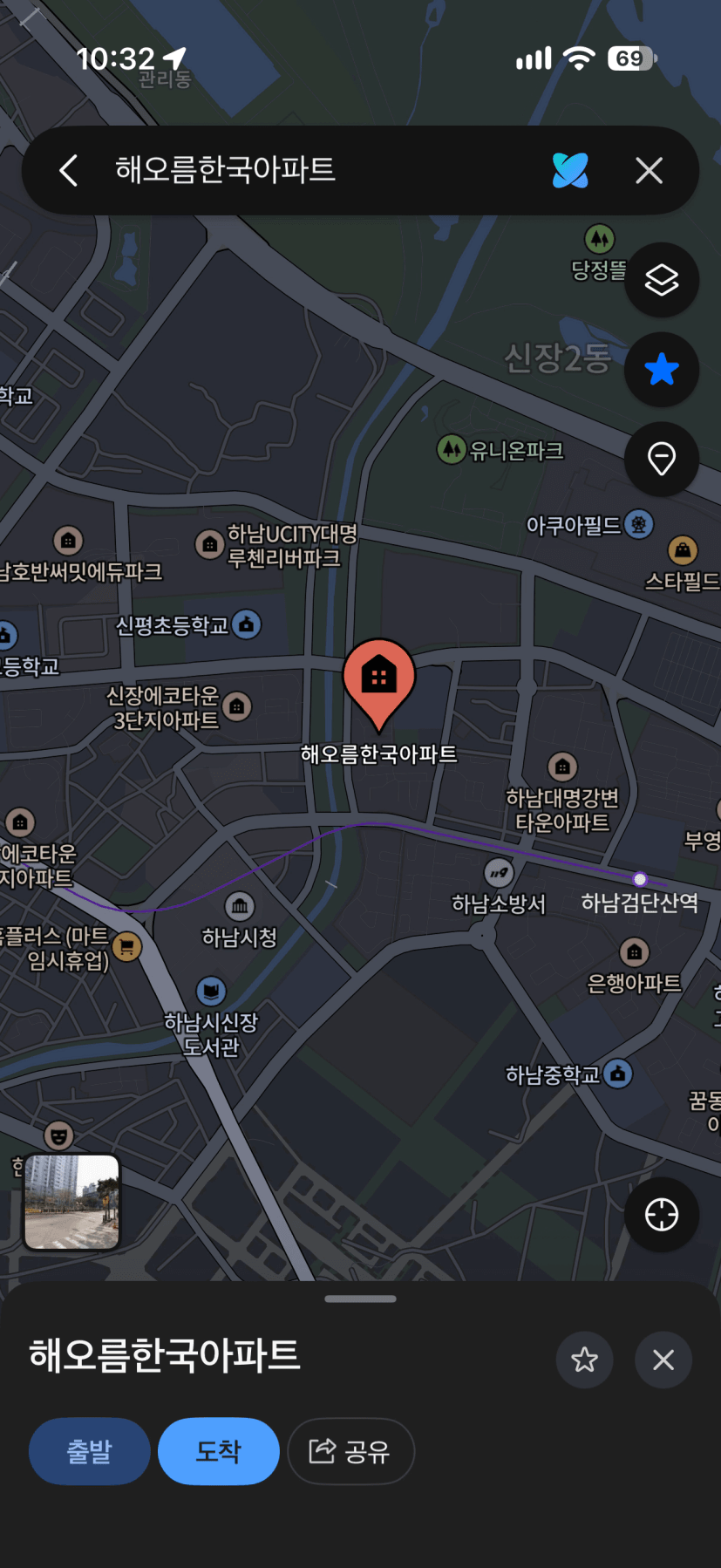 신장 한국(해오름한국아파트) 위치 지도: 하남검단산역·하남시청·유니온파크 인근