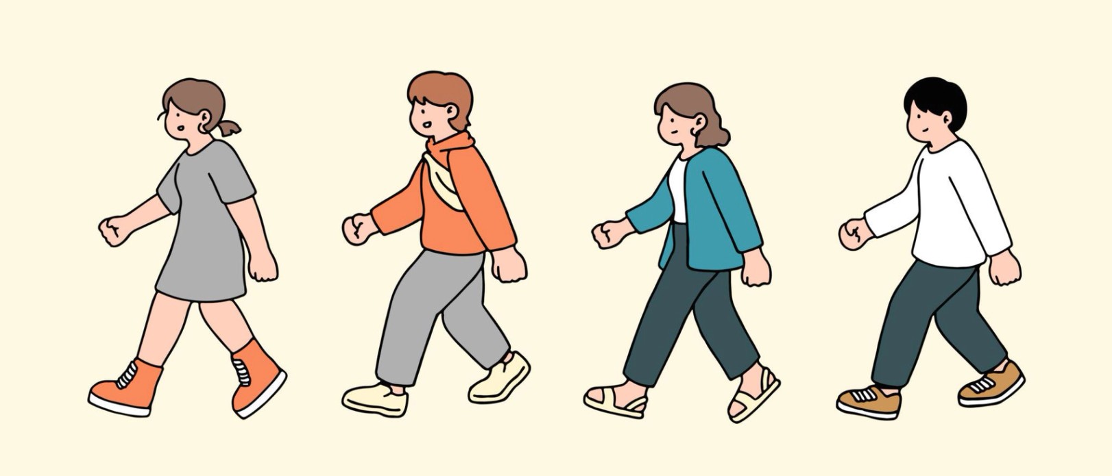 An illustration shows characters of people walking down the street. Young girls and men are depicted in a side view, walking while isolated on a white background.