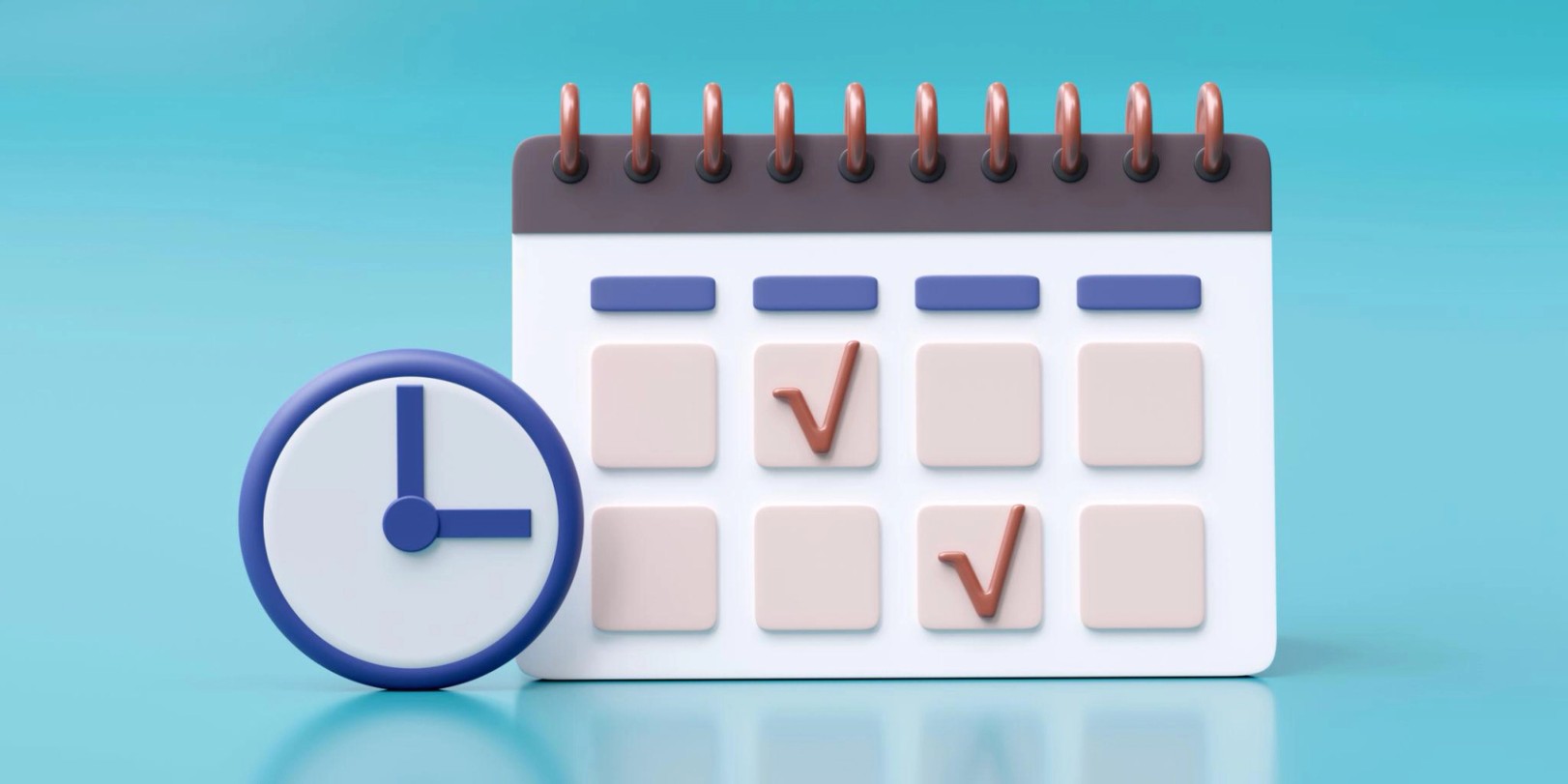 Calendar date check mark and alarm clock. To do checklist done. 3d