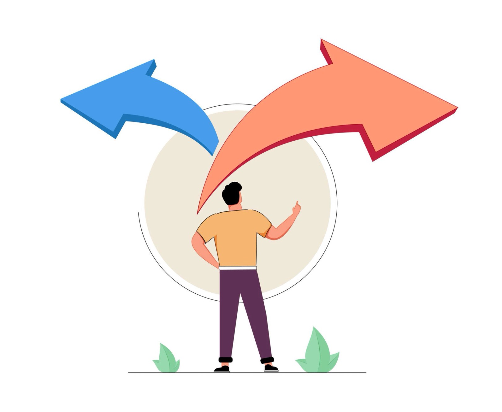 Choice decision making as two split path options to choose from tiny person concept. Business or life strategy confusion