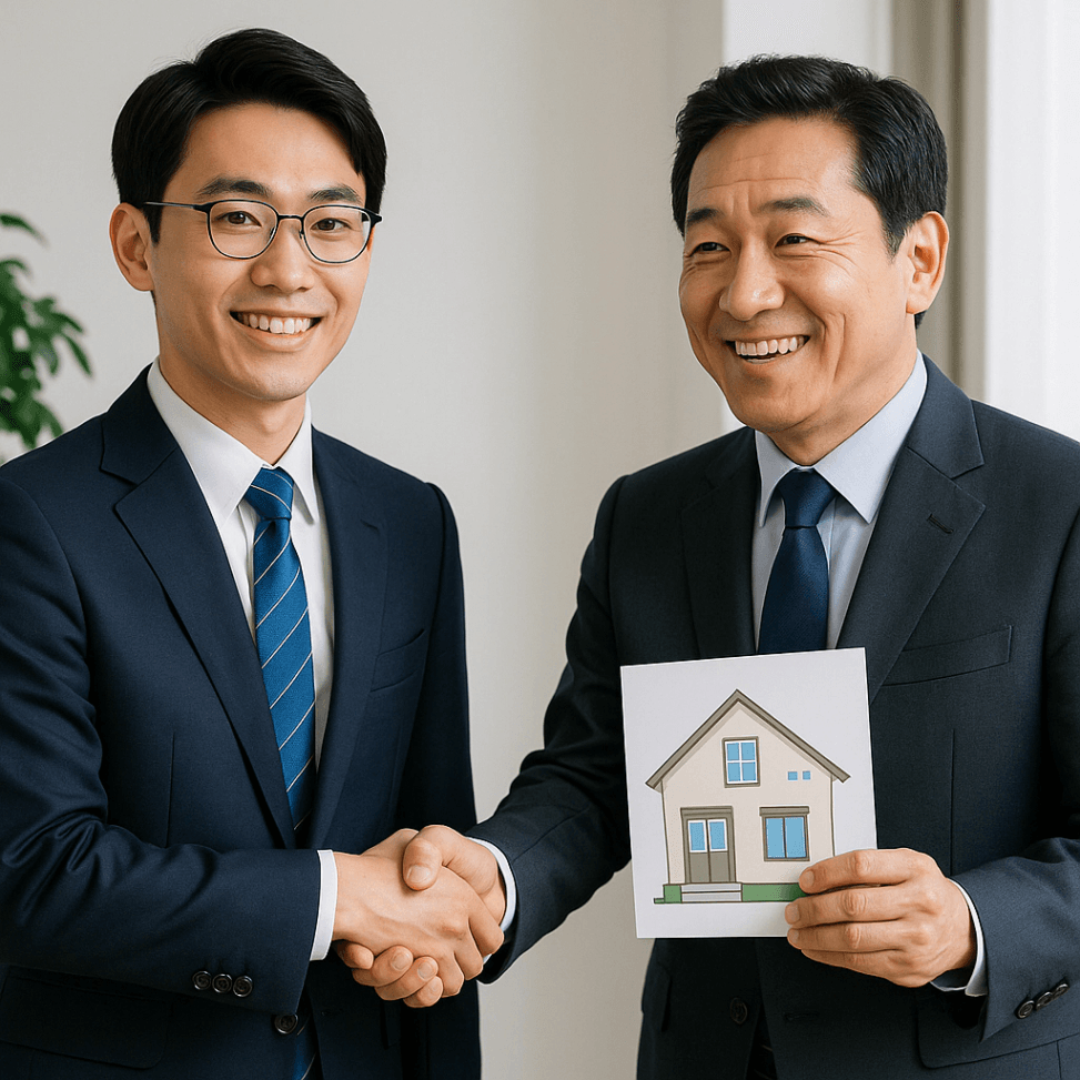 웃으며 악수하는 매도인 매수인