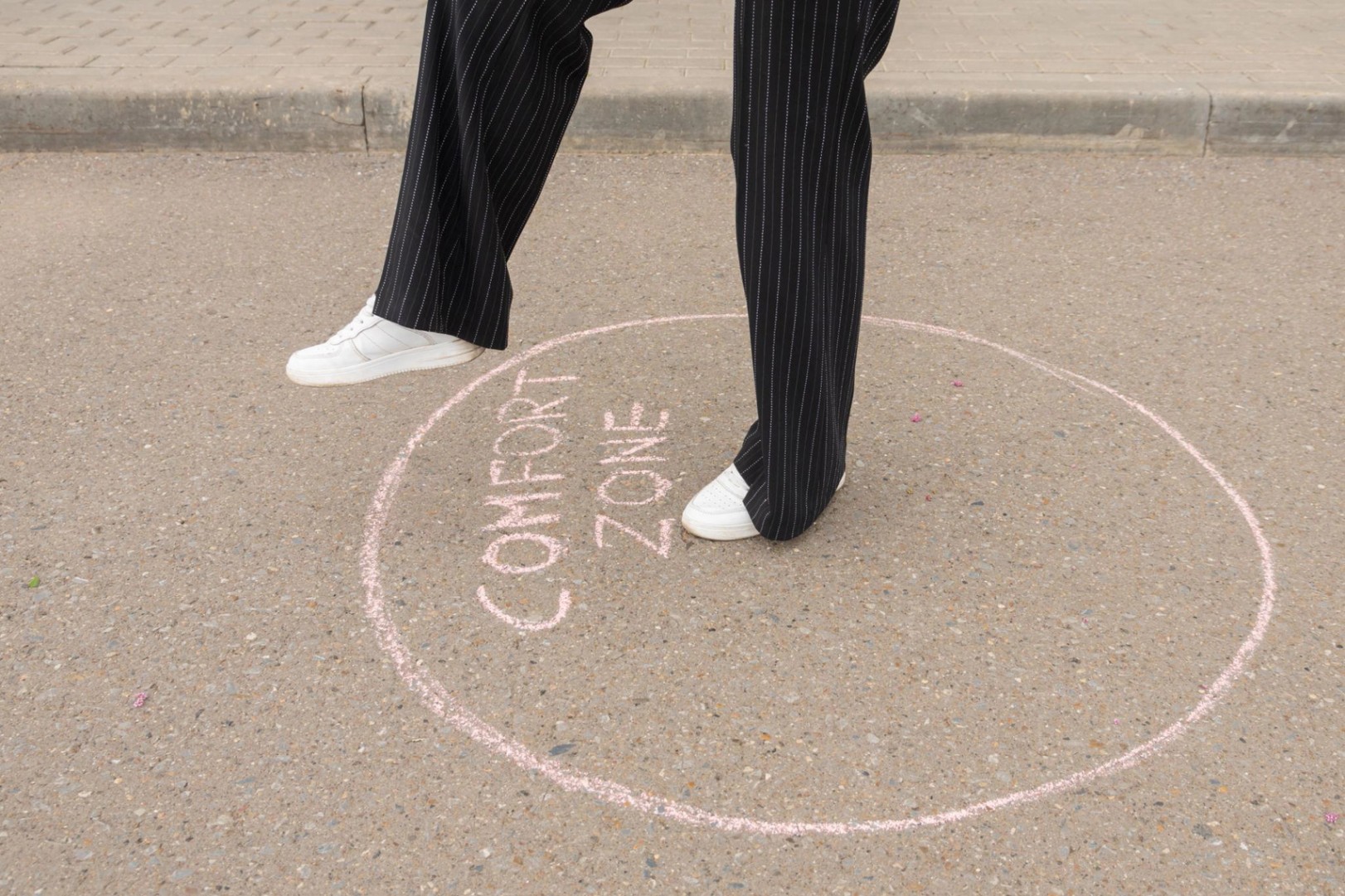 Woman in white sneakers tries to leave comfort zone