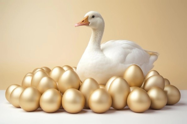 거위는 단색의 밝은 색상 배경에 많은 황금알을 낳습니다. AI 생성 | 프리미엄 AI 생성 이미지