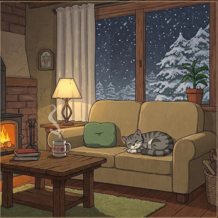 This may contain: a cat is sleeping on a couch in front of a window with snow falling outside