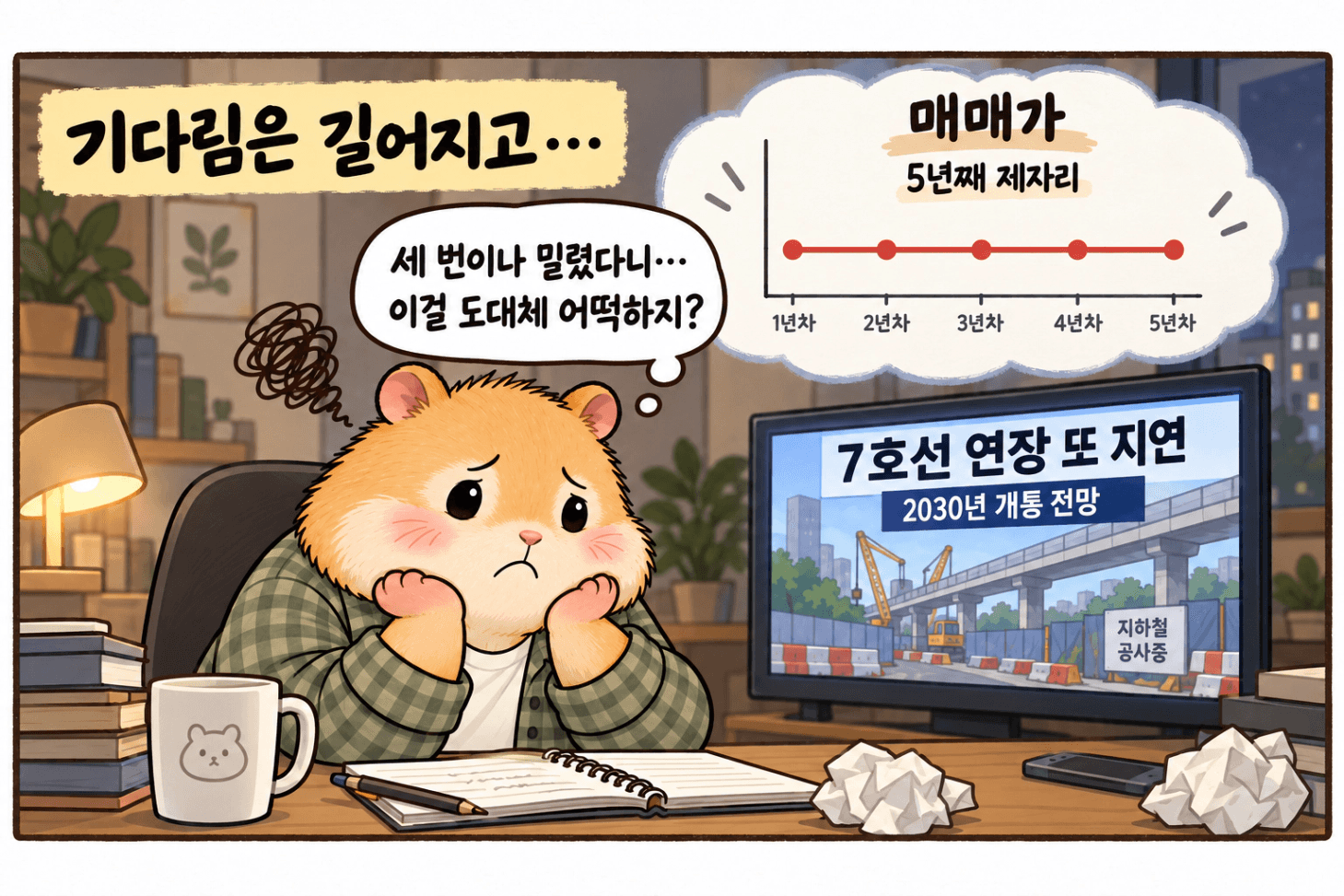 개통 지연 소식에 답답했던 때 · 당시 마음을 재구성한 그림