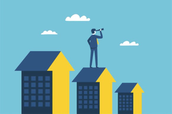 부동산 거물들은 가정과 사무실에 대한 투자를 결정하기 위해 시장을 감시하기 위해 카메라를 보냅니다. - 아파트 투자 stock illustrations