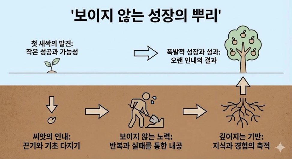 May be an image of map and text that says ''보이지 않는 성장의 뿌리' 첫 새싹의 발견: 작은 성공과 가능성 폭발적 성장과 성과: 오랜 인내의 결과 个 씨앗의 인내: 끈기와 기초 다지기 ゲ 보이지 않는 않는노력: 노력 반복과 실패를 통한 내공 깊어지는 기반: 지식과 경험의 축적'