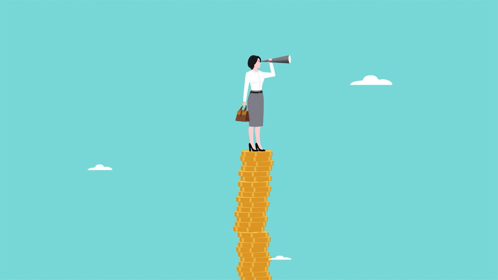 opportunity cost, potential forgone profit from a missed opportunity, the best alternative in determining business decisions, business woman climbing a pile of coins to see business opportunities