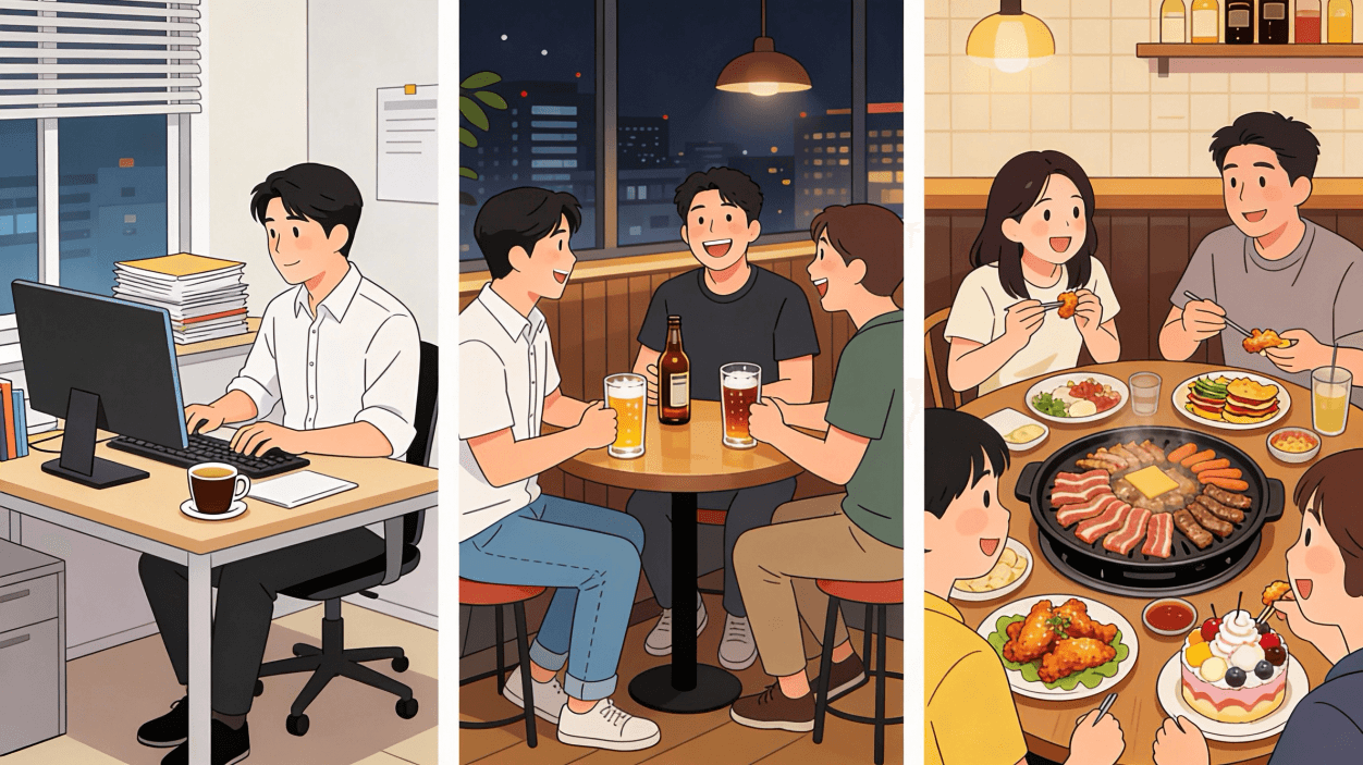 전형적인 직장인의 퇴근 후와 주말 식사 모습을 담은 일러스트