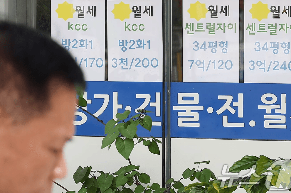 전세의 월세화로 인해 증가한 월세 매물과 높은 가격을 보여주는 부동산 안내문