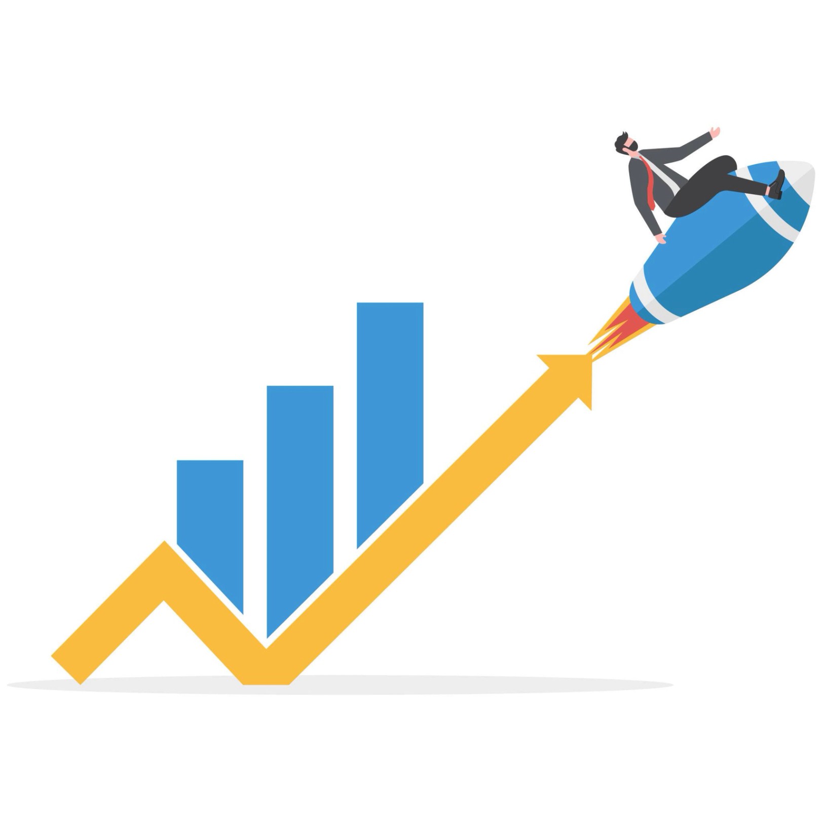 Growth or investment, wealth or earning rising up graph, business sales or profit increase concept, financial graph with exponential arrow from flying rocket