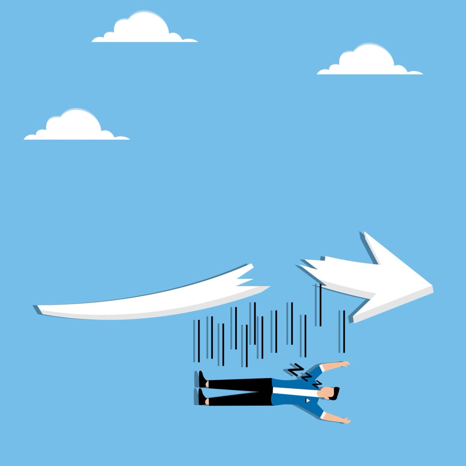 Wrong speculation, missing opportunity to make profit from investment, mistake in stock market analysis concept, Reckless businessman falling down from graph while sleeping