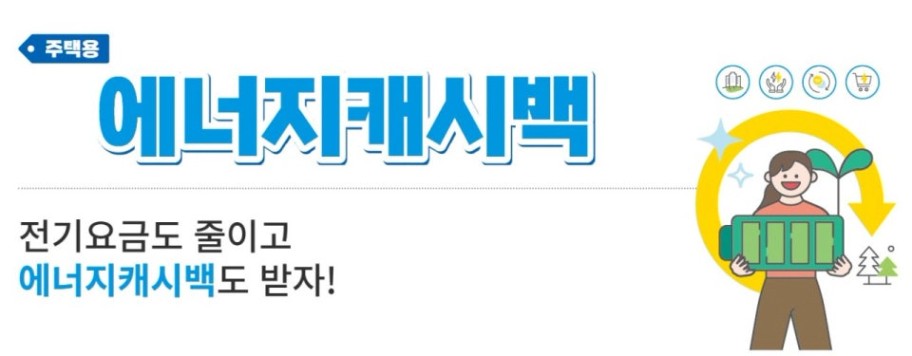 주택용 에너지캐시백 안내 포스터, 전기요금 절감과 캐시백 혜택을 강조하는 일러스트