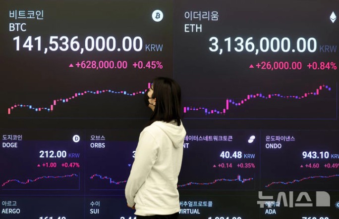 암호화폐 시세 전광판 앞에서 비트코인과 이더리움 가격을 바라보는 여성