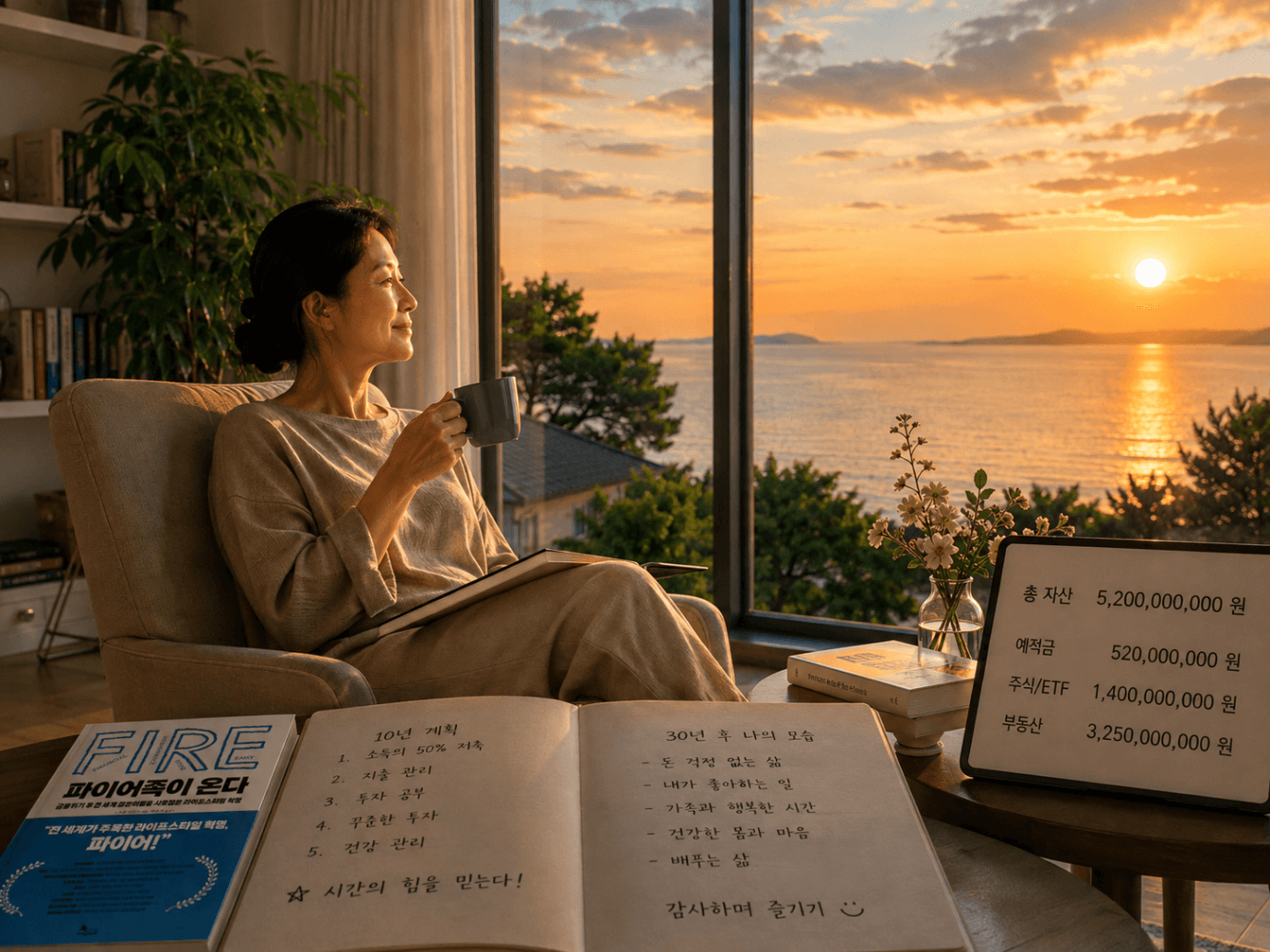 생성된 이미지: 노을빛 창가에서 그리는 30년 후의 삶