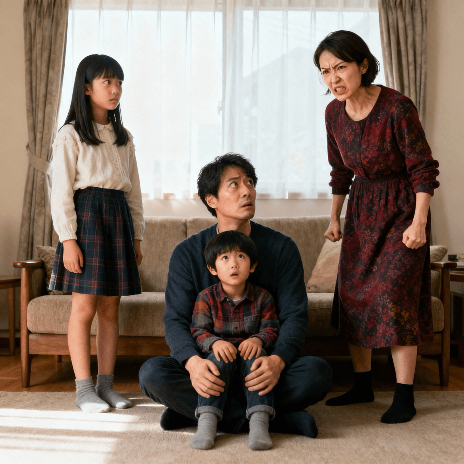 아내, 남편, 아이가 함께 있는 화난 가족 사진 이미지