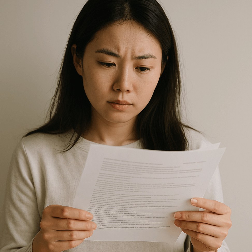 부동산 계약 전 등기부등본 서류를 살펴보는 여성