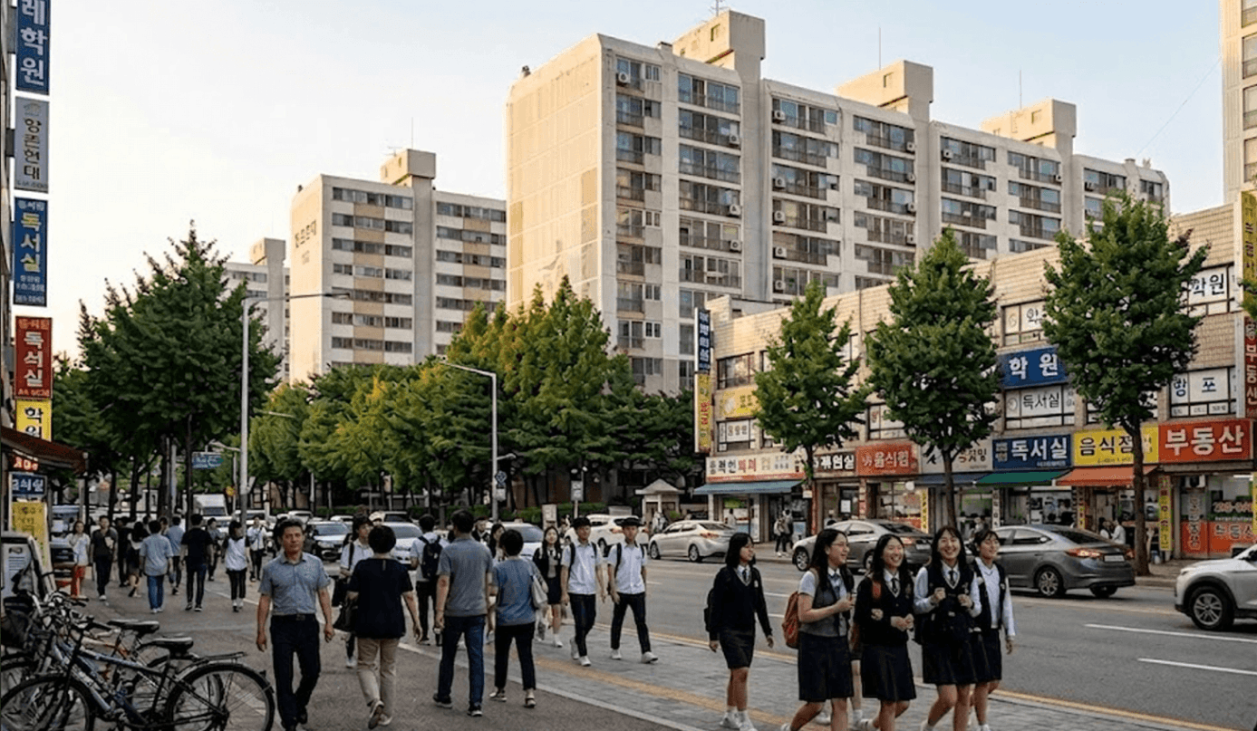 안양 1기신도시 구축 아파트 단지 앞 학원가 - 학생들이 오가는 평촌 구축 단지 실거주 풍경