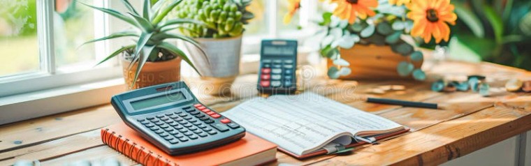 Flat lay of a calculator, diary, and planner on a wooden desk with plants. A bright flat lay of a desk with a calculator, diary, planner, and potted plants, perfect for financial or study themes. AI generated