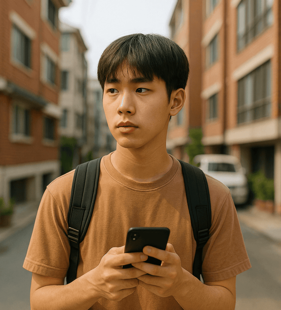 부동산 어플을 활용하여 자취할 원룸을 구하고 있는 남자 대학생