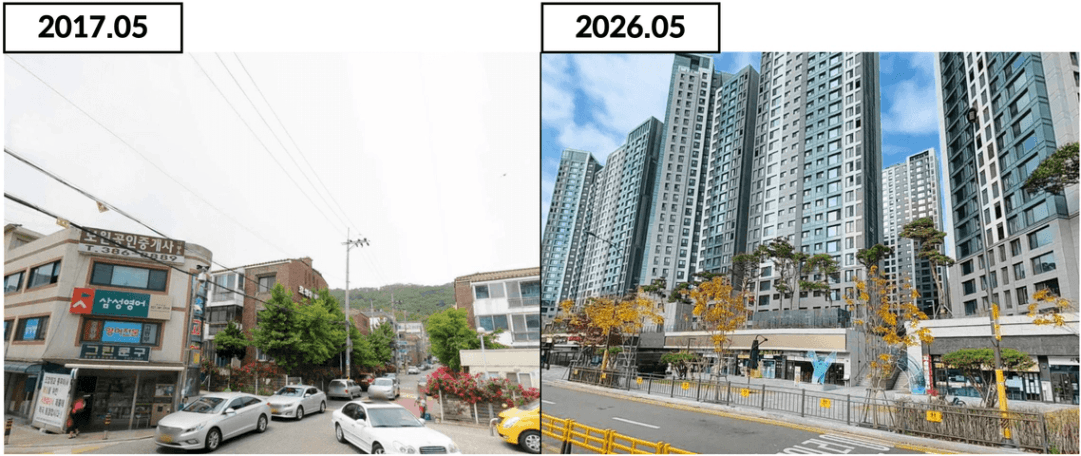 안양종합운동장역 인근 2017년 vs 2026년 변화 - 2700세대 대단지 입주 전후 비교