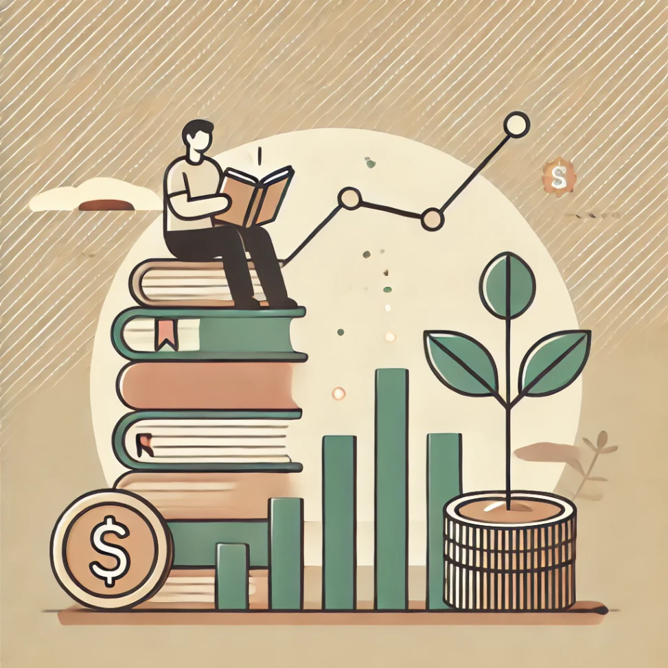 A minimalist and clean illustration representing 'Investment and Reading'. A simple, modern design featuring a person sitting on a stack of books while reading, with a small plant growing from a coin beside them. Subtle financial elements like a rising chart line and coins are included, but the focus remains on simplicity and clarity. The color palette is soft and warm.