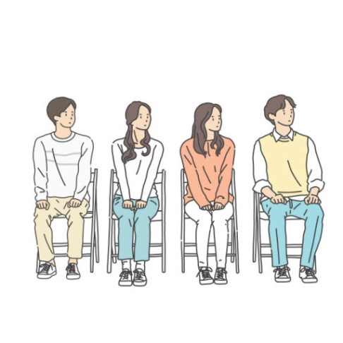 의자에 앉아 있는 네 명의 청년 남녀 일러스트