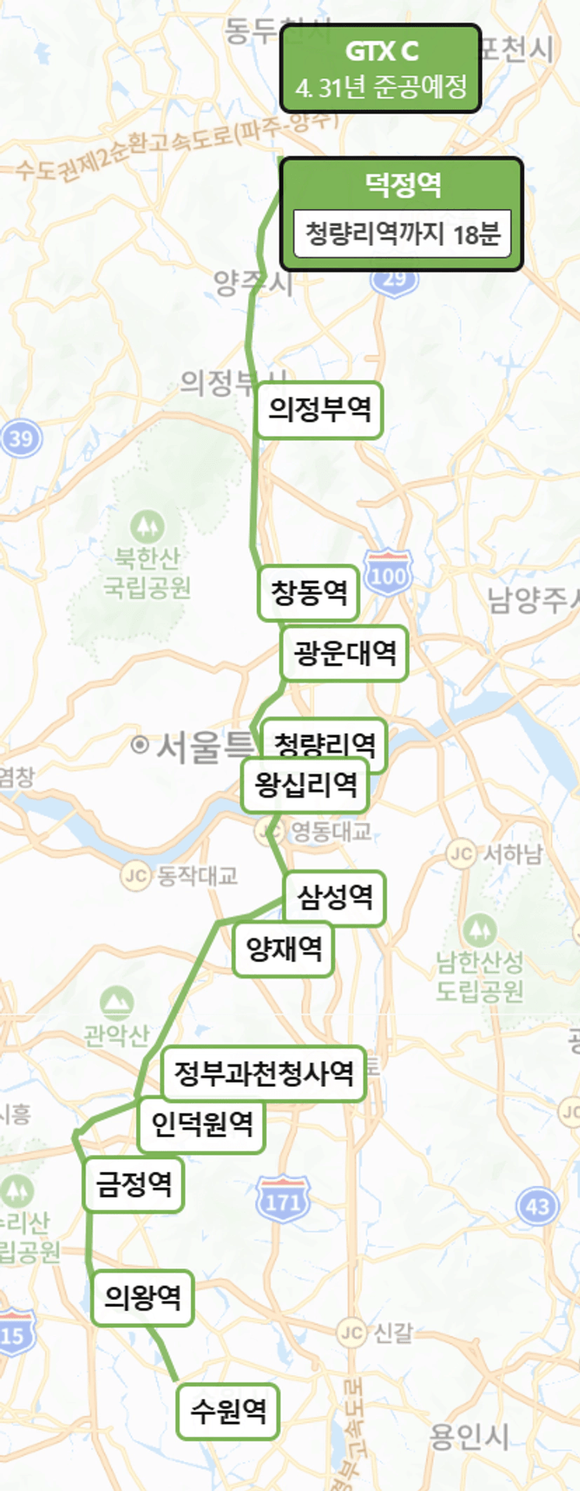 GTX-C 노선도 인덕원역 정차 삼성역 20분 - 2030년 완공 목표