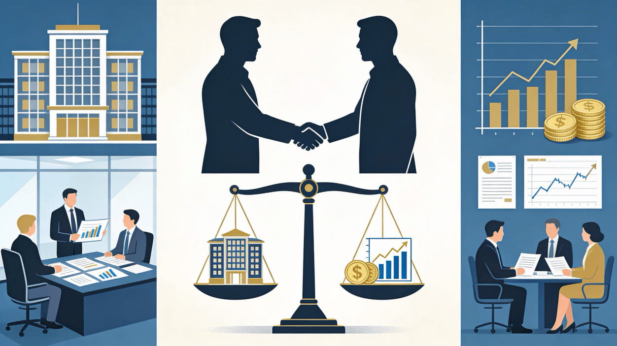 회사와 투자가 균형을 이루는 양립 개념 일러스트